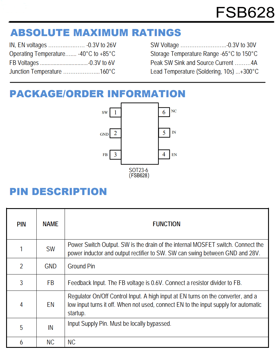 fsb628 sot23-6 高效率 1.2mhz 2a 升压转换器